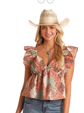 NWT Rock & Roll Patchwork Flutter Tank - Tie Back & Deep V-Neck - M